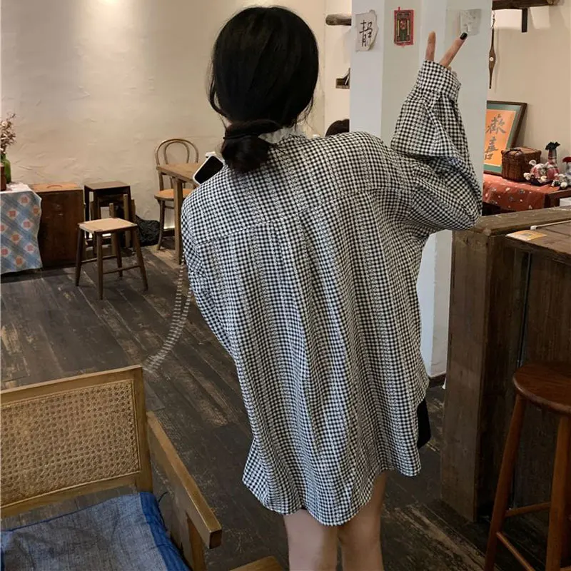 Свободная блузка с кружевом для поездок на работу клетчатая женская одежда