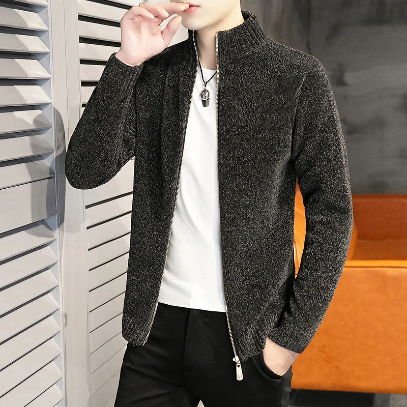 Knit Sweater Jacket Men's Cardigan Autumn Outer Wear 21 New Solid Color Men's Sweater Chenille Autumn and Winter Trend Sweaters