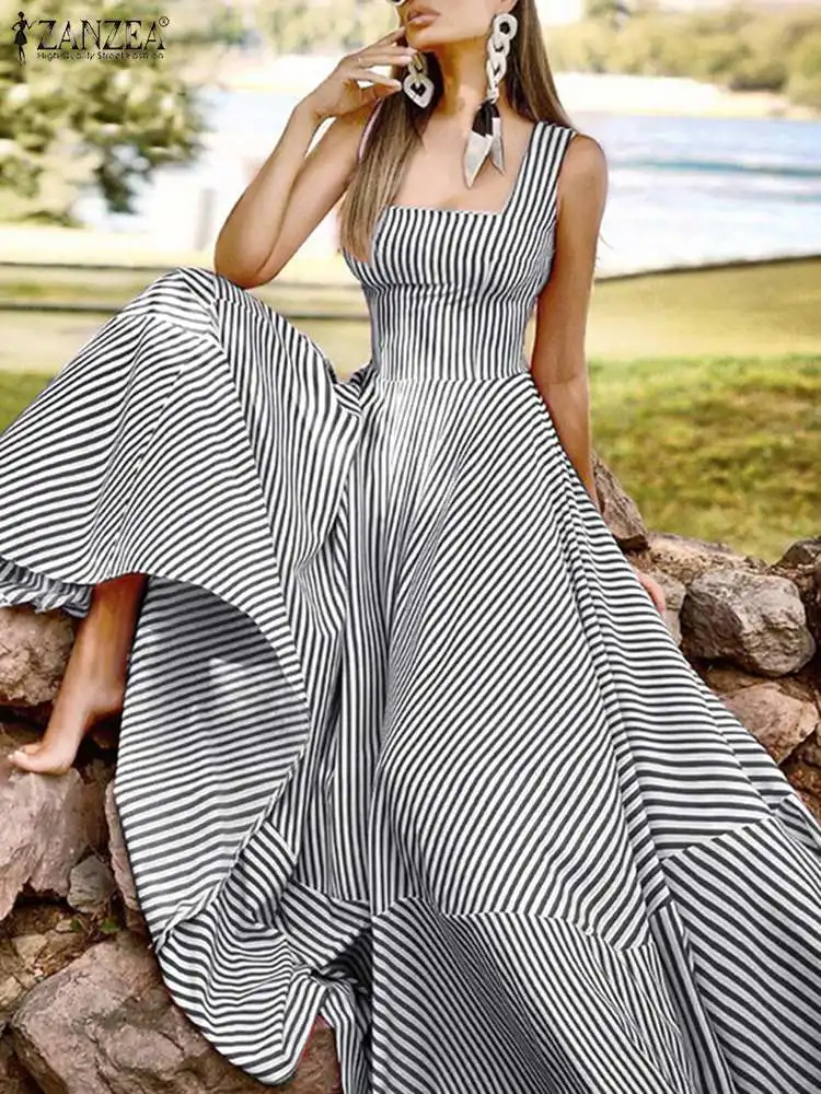 

2023 ZANZEA Summer Elegant Maxi Dress Women Chic Striped Robe Longue Beach Party Sleeveless Dress Bohemian Holiday Sundress