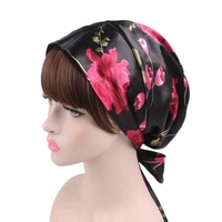 women silky satin flower print turban hat pre tie headwrap night sleep cap muslim inner hjiab soft headcover hair loss chemo cap