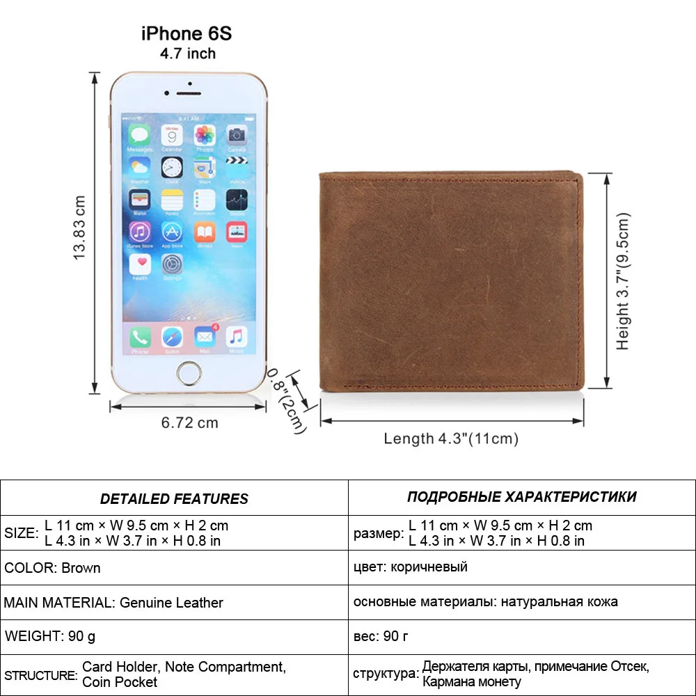 Мужской кошелек из натуральной кожи винтажный короткий тонкий двойной мини для
