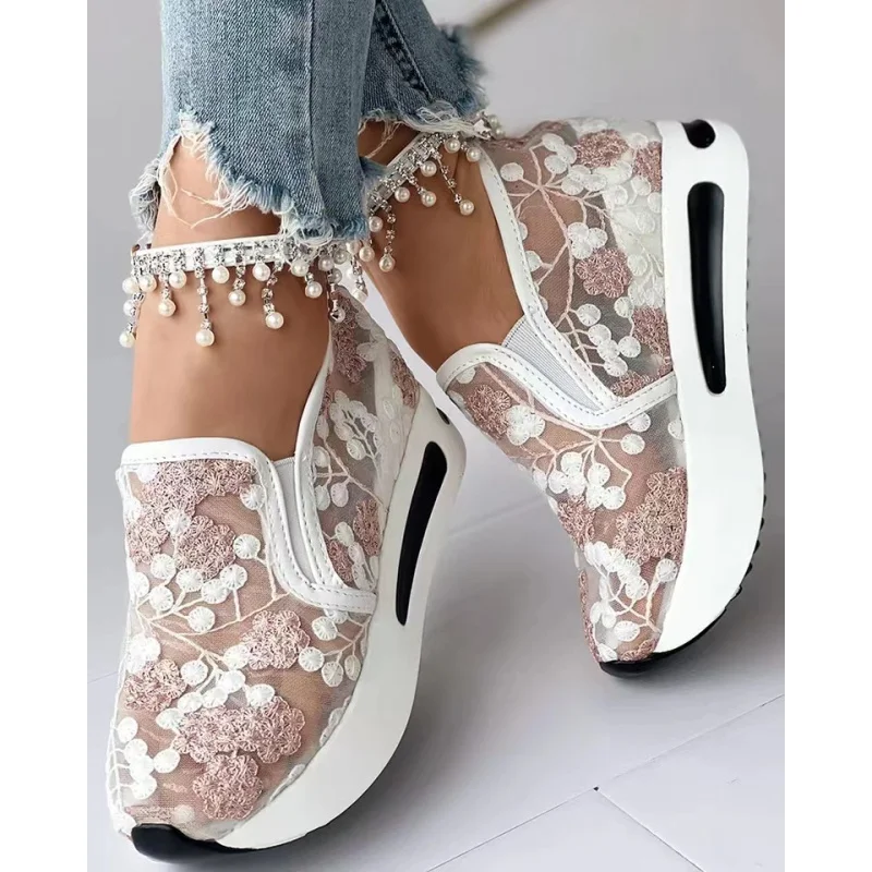 Women's Sneakers Floral Embroidery Mesh Sneakers for Women Slip on Casual Comfy Heeled Shoes Woman