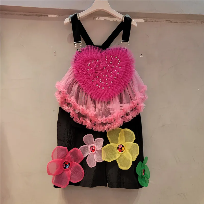 2023 New Rompers Heavy Industry Design Stitching Mesh Heart Shape With Diamond Flower Loose Wide Leg Playsuits Pants For Women