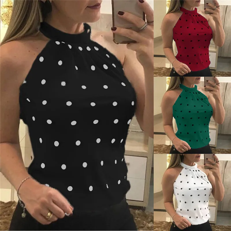 

Sexy Women Tight Slim Sleeveless Tank Vest Fitness Halter Tshirt Top Fashion Printed Dot Womens Tees Tops