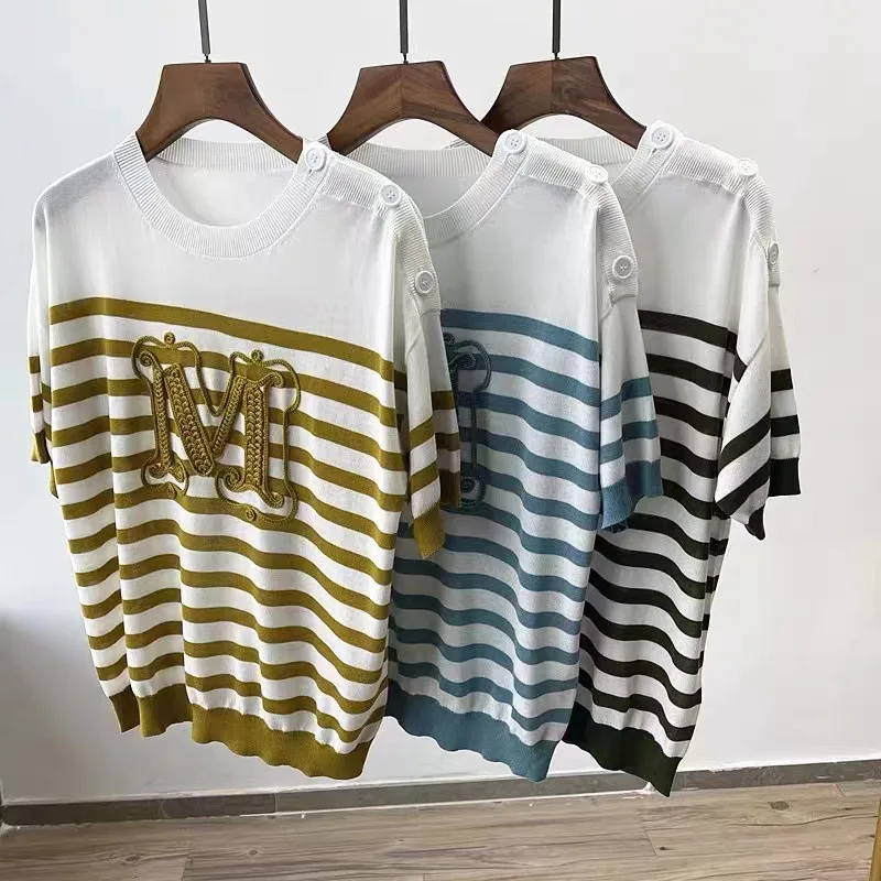 

Letter Embroidered Stripes O-neck Shoulder Buttons Knit T-shirt Women