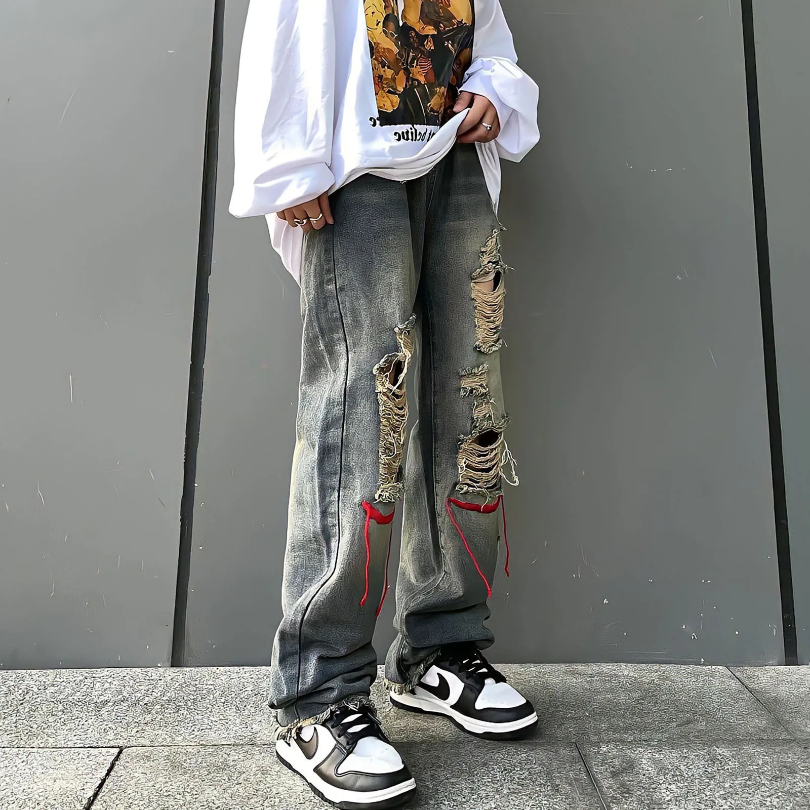 Embroidery Ripped Jeans Men And Women Baggy Straight Wide-Leg Pants Retro Streetwear Casual Fashion Punk Hip Hop Denim Trousers