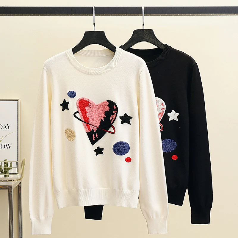 

Spring New Casual Women Sweater Vintage Love Color Flocking Pullover Female Knitted Long Sleeve Beatle Woman with Collar Top