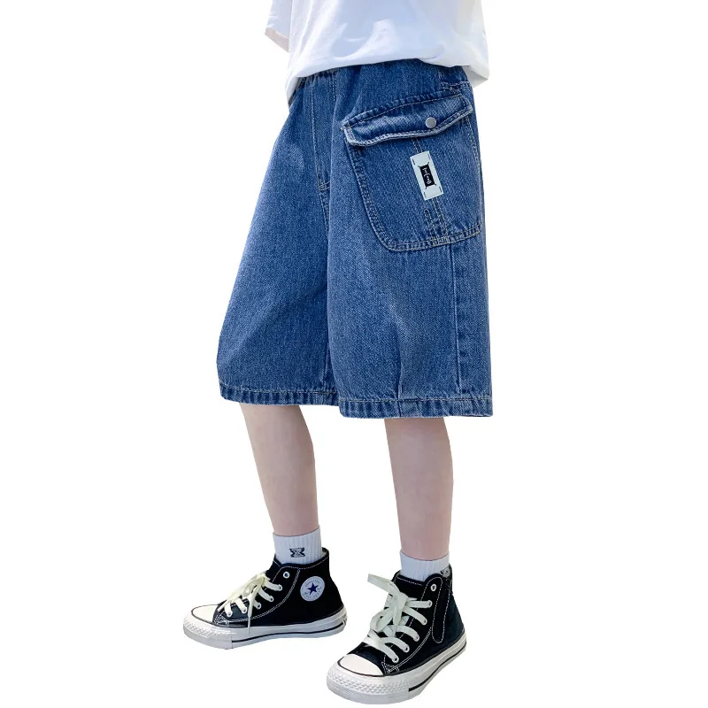 

Джинсовые шорты для мальчиков 6-16 лет, модные Хлопковые Штаны для подростков с эластичным поясом, однотонные короткие брюки с широкими штанинами, синие, на лето