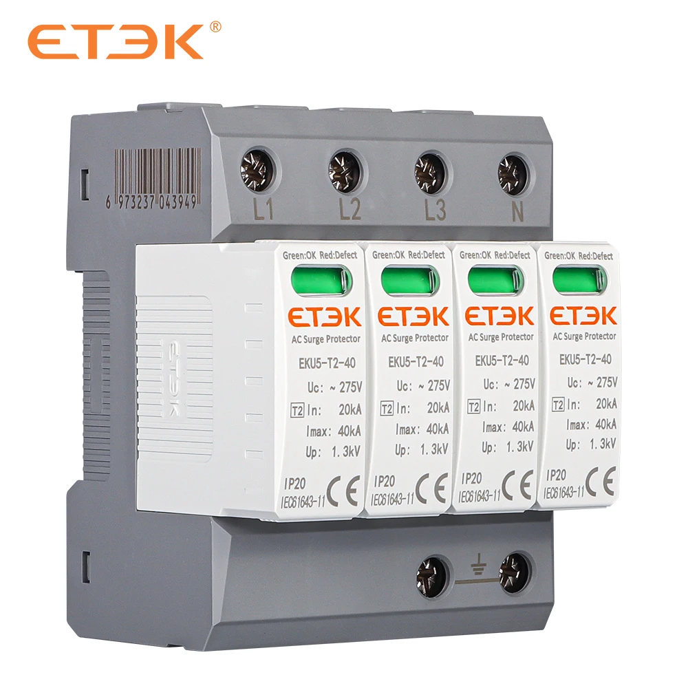 Фото ETEK SPD AC Тип 20KA 40kA Устройство защиты от перенапряжений 2P 4P 275V Устройство защиты от напряжения Солнечная фотоэлектрическая грозозащита EKU5-T2 №2
