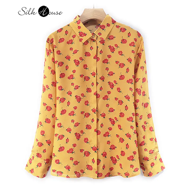 Женская шелковая рубашка с длинным рукавом желтая рубашка-поло цветочным