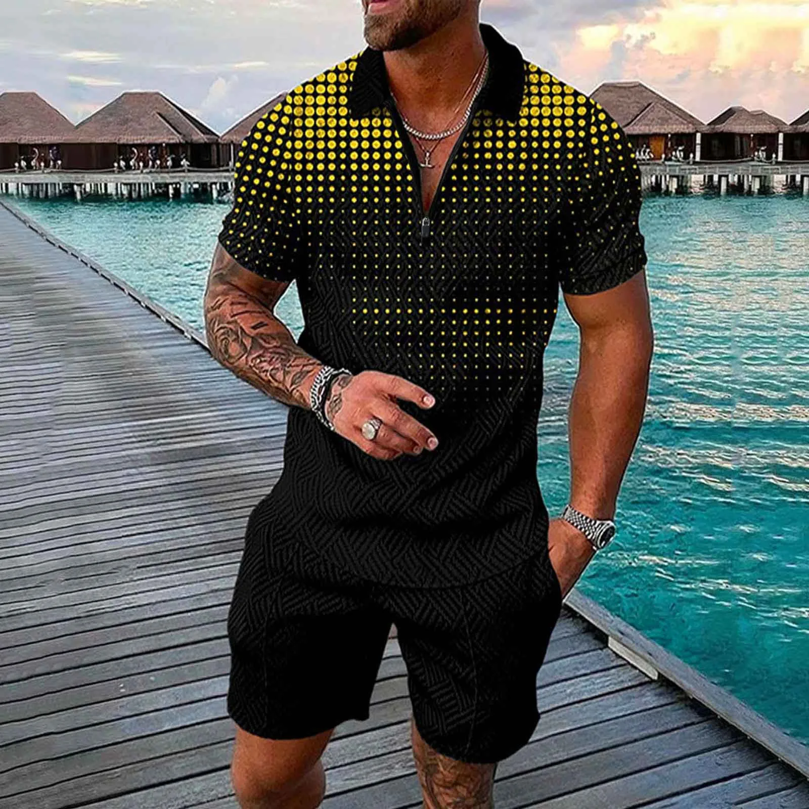 

Male Summer Casual Print Zipper Turn Down Collar Blouse Short Sleeve Tops Shirt Shorts Vest And Trousers Dress Jackets for Men