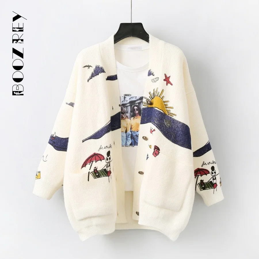 

BoozRey Autumn Winter Women Cardigans Warm Knitted Sweater Jacket Pocket Embroidery Fashion Knit Cardigan Coat Loose Sweaters
