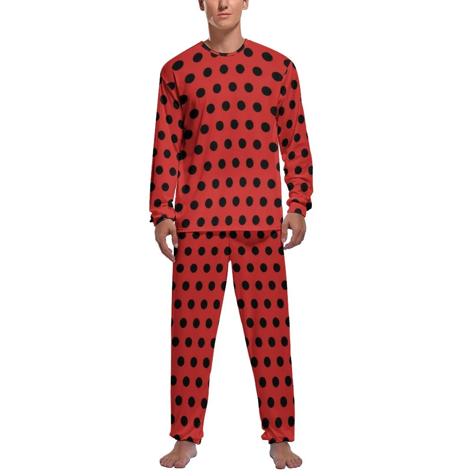 

Retro Polka Dots Pajamas Red and Black Male Long Sleeves Kawaii Pajama Sets 2 Pieces Casual Autumn Graphic Home Suit Gift Idea