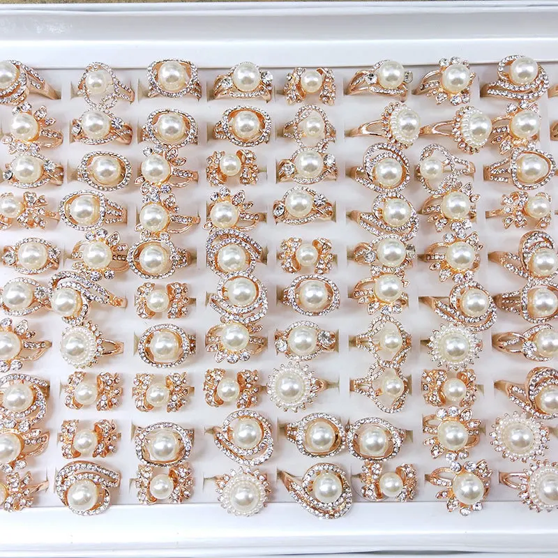 

10pcs Luxury Petals Big Pearl Rings For Women 2022 New Wedding Party Shinning Rhinestones Wedding Ring