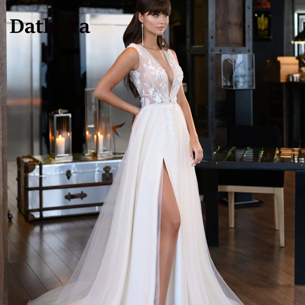 

Dathyka Sexy Deep V-Neck Side Slit Wedding Dress For Women Sleeveless Lace Appliques Robe De Soirée De Mariage Dropping Shipping
