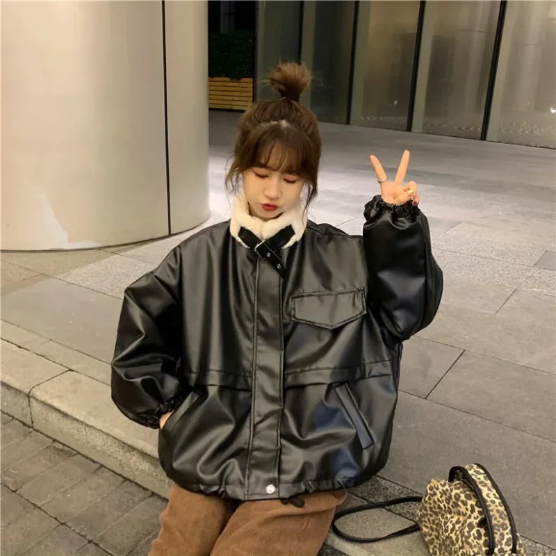 Женские парки из искусственной кожи черные лоскутные уютные теплые мешковатые