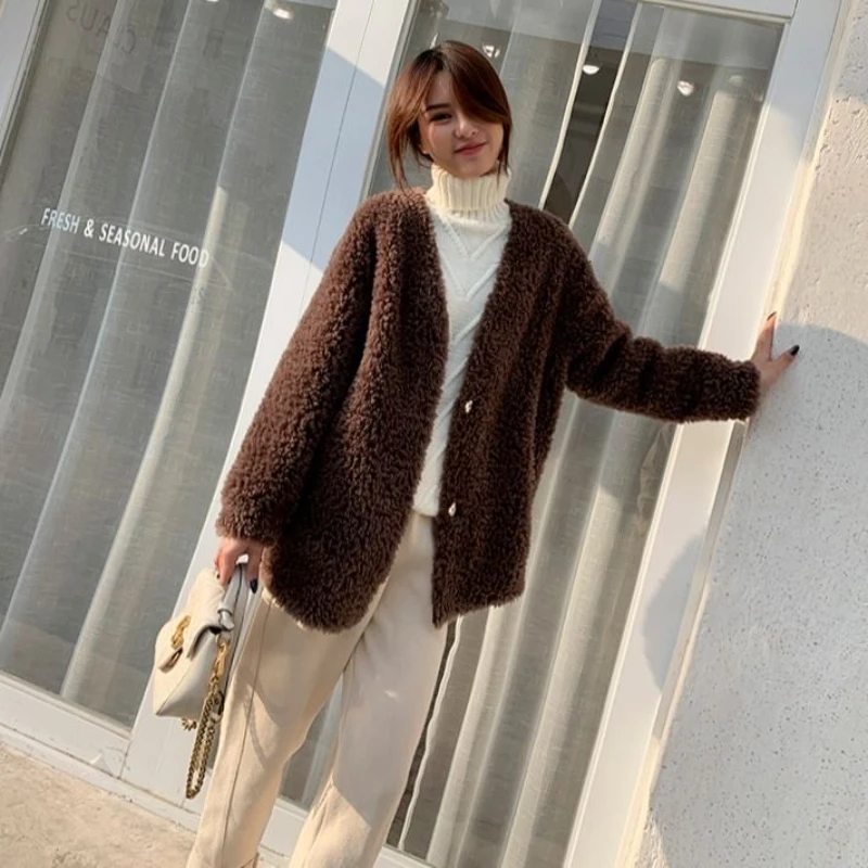 Woman V-neck Real Fur Jacket Warm Elegant Natural Fur Coat Ladies Fashion Fur Jacket Clothes Long Sleeve Winter Outerwear G293
