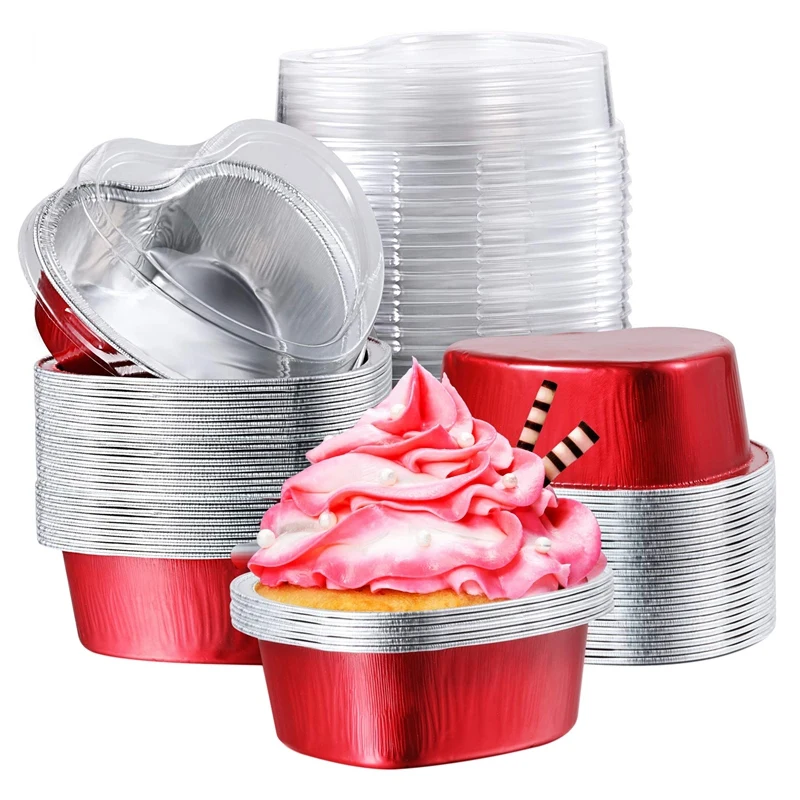 

100 PCS Valentine Red Heart Shaped Cake Pan Cupcake Cups With Lids Disposable Cupcake Cups Flan Baking Pans Containers