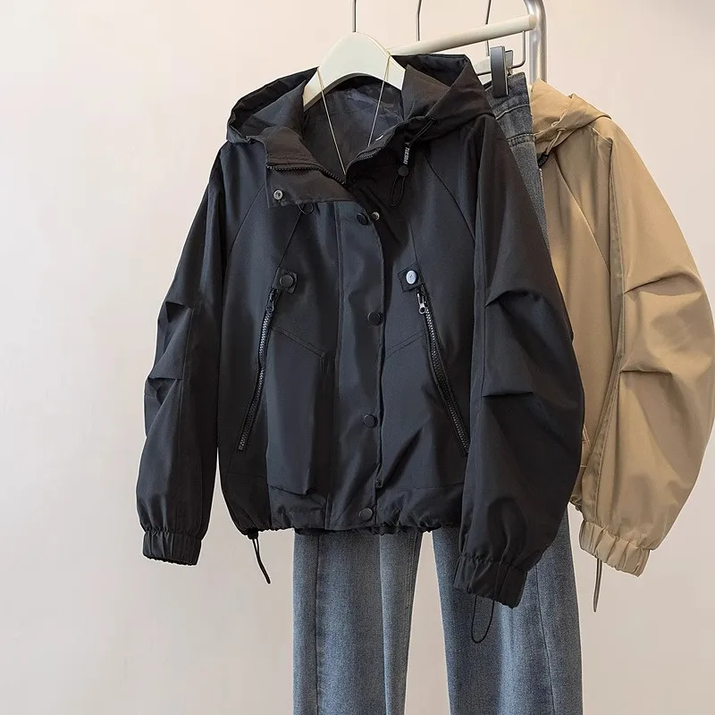 Фото 6XL модная свободная ветрозащитная куртка с большой молнией для отдыха на открытом воздухе, женская весенне-осенняя ветровка с капюшоном, плащ на молнии №2