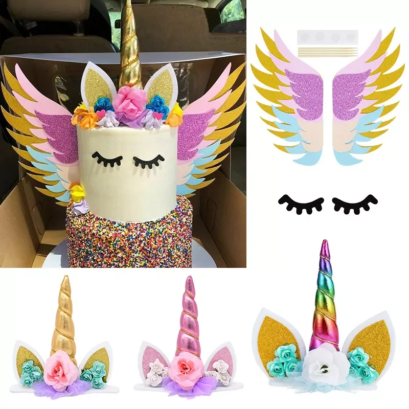 

Cake Topper Rainbow Horn Kids Girl Birthday Party Cake Decoration Tools Baby Shower Wedding Unicorn Theme Party Supplies