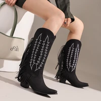 plus size print drain thin strap womens mid boots pointed toe wood grain thick heel warm plush lining ethnic style western boot