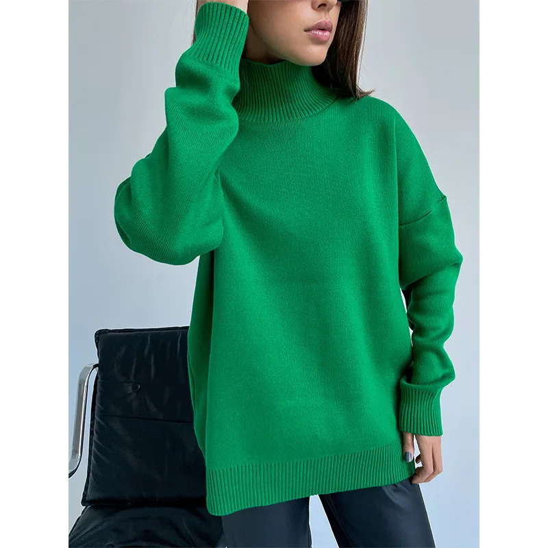 

K 2023 New Women Autumn Winter Versatile Loose Warm Half High Neck Solid Color Long Sleeve Knitted Sweater