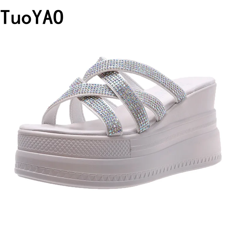 

Шлепанцы женские со стразами, высокий каблук, платформа, удобная Пляжная обувь на танкетке, сандалии, летняя обувь на массивном каблуке