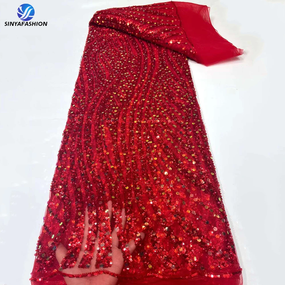 

New Style Heavy Beaded Lace Fabric Luxury Fully Beaded With Sequins Lace Fabric For Bridal Women Party Dress