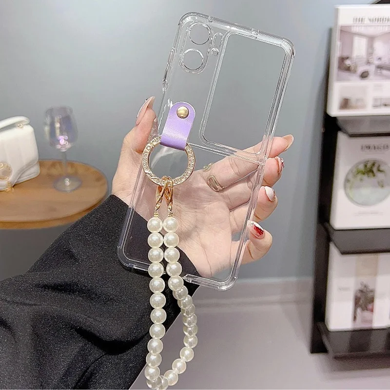 

HOCE Transparent Phone Case For Samsung Galaxy Z Flip 4 Flip 3 With Pearl Lanyard Cases Flip4 Flip3 Glitter Ring Holder Cover