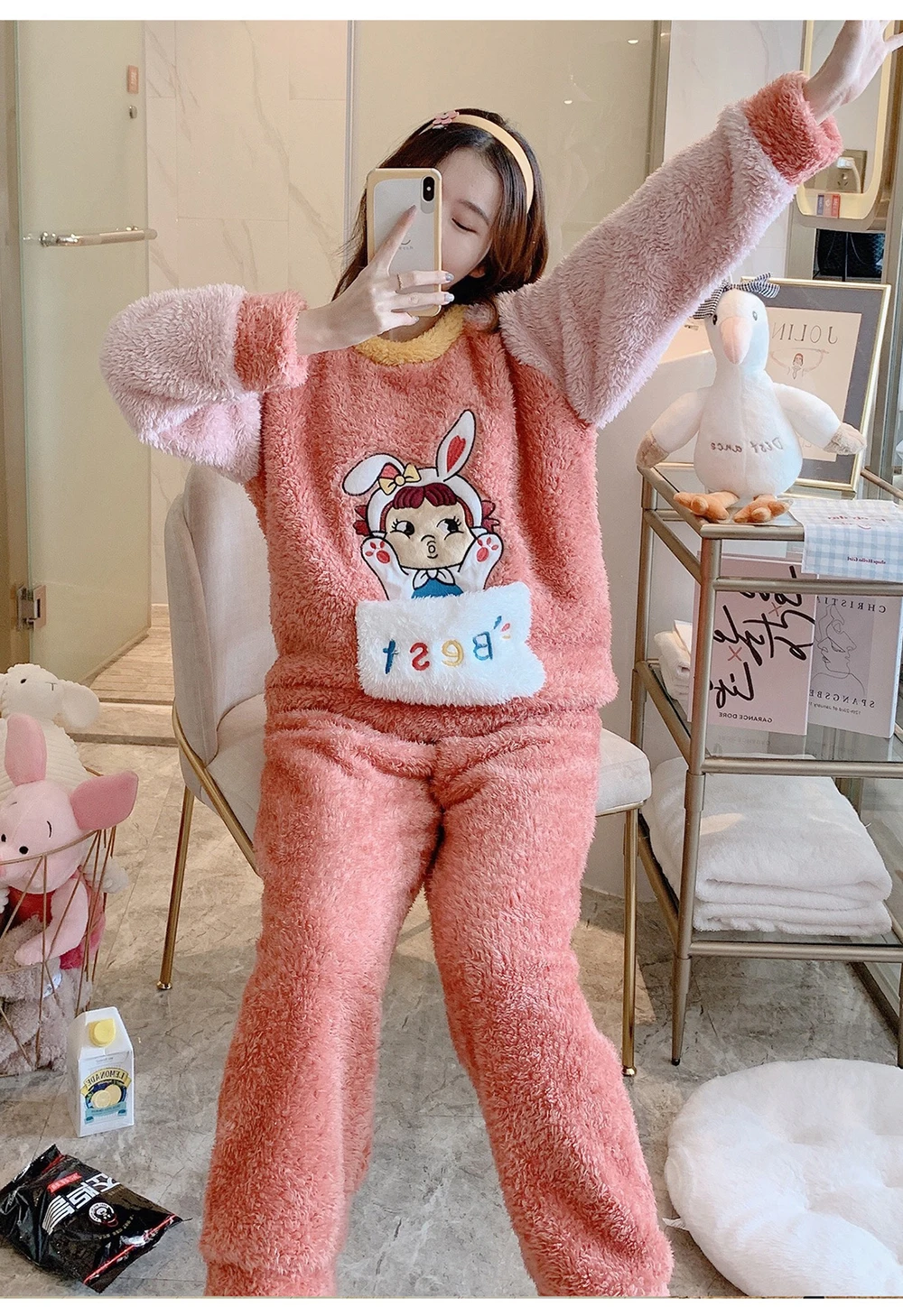 Variety Style Ladies Pajama Sets Embroidery Exquisite Cute Cartoon Home Kit For Students Thicken Autumn And Winter Keep Warm