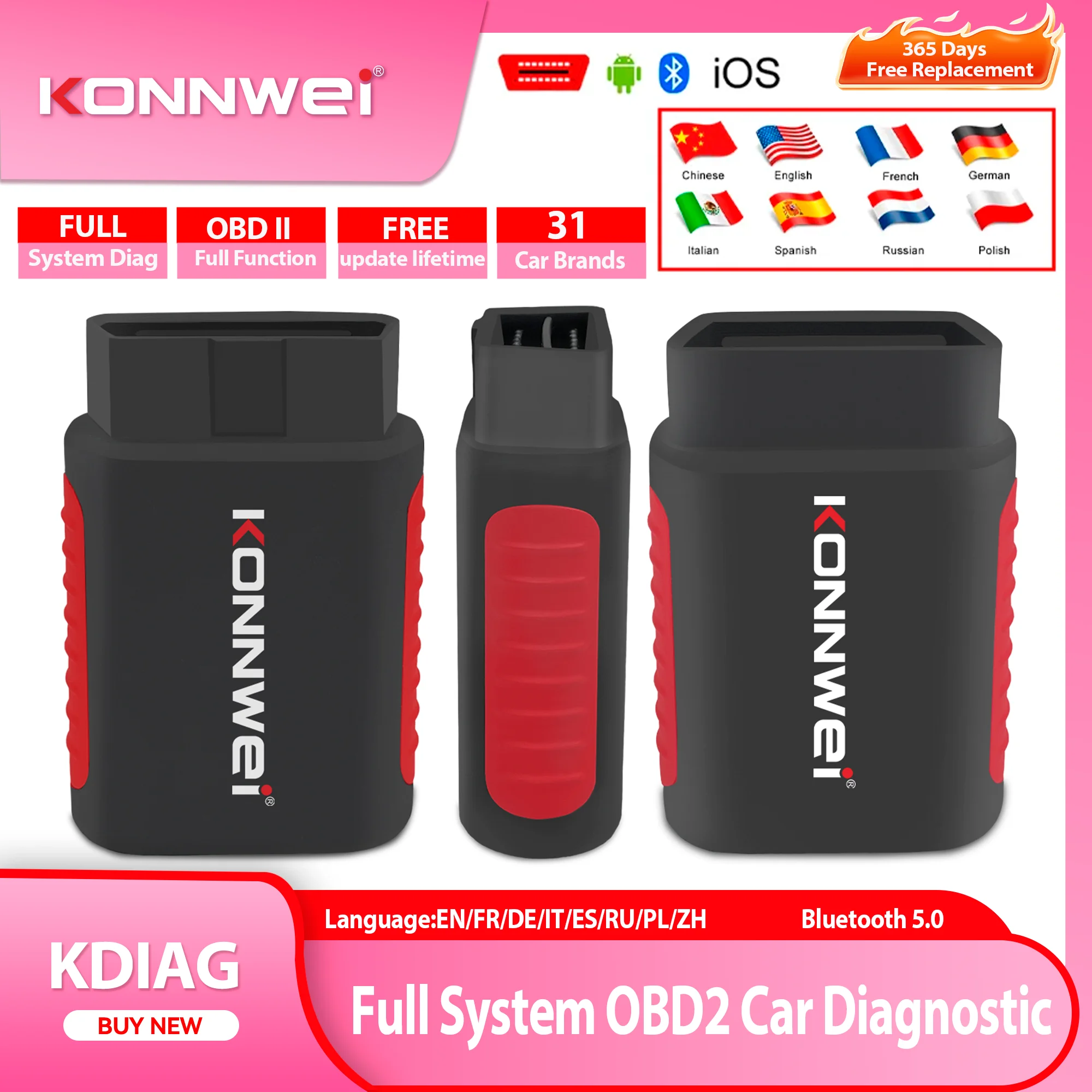 Фото KONNWEI KDIAG 2026 Полная система OBD2 Автоматический сканер Сброс SAS EPB Сервис ECU Программатор Bluetooth OBD Автомобильный диагностический инструмент Pk kdiag №1