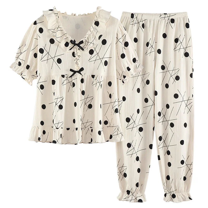 New Style Pajamas Women's Summer Short Sleeved Trousers Pure Cotton Court  Lovely Princess Loose Home Suit