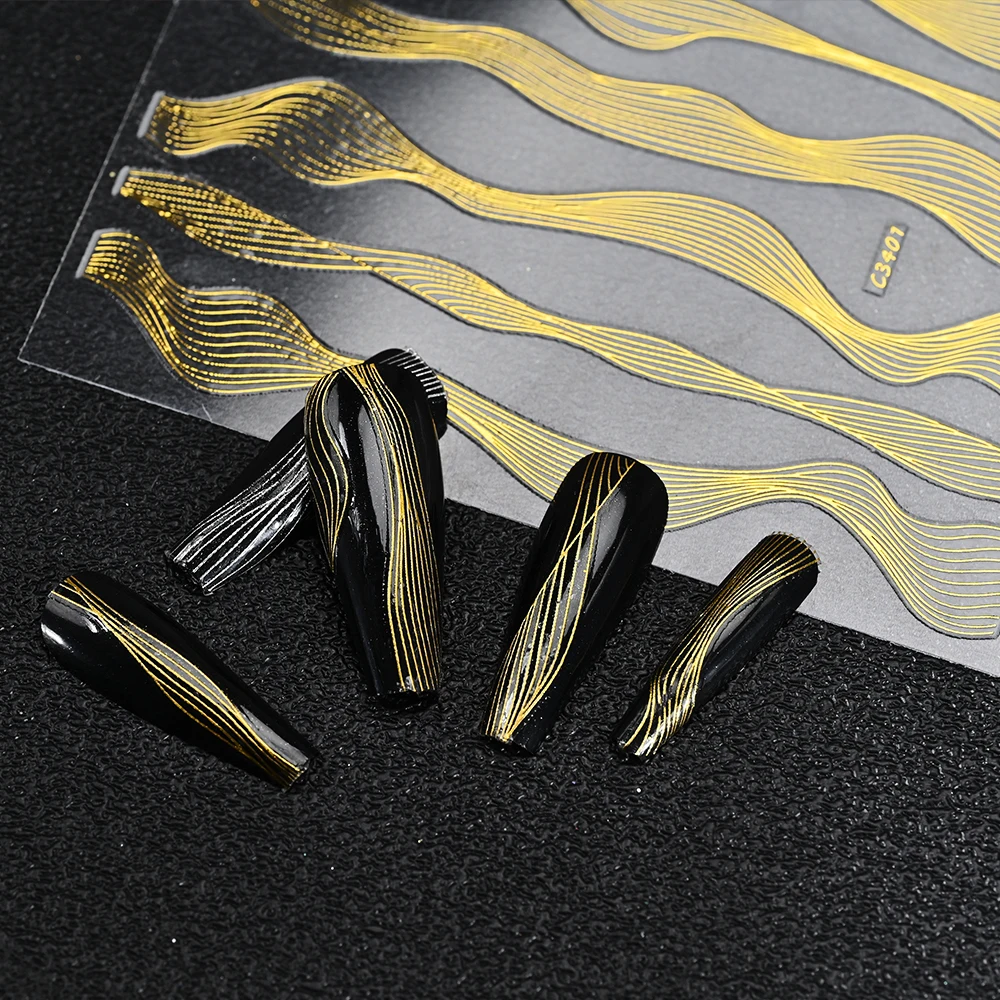 

1pc 3D Holographic Gold Silver Lines Nail Stickers Bronzing Curve Wave French Nail Stripe Decals Manicure Self Adhesive Slider