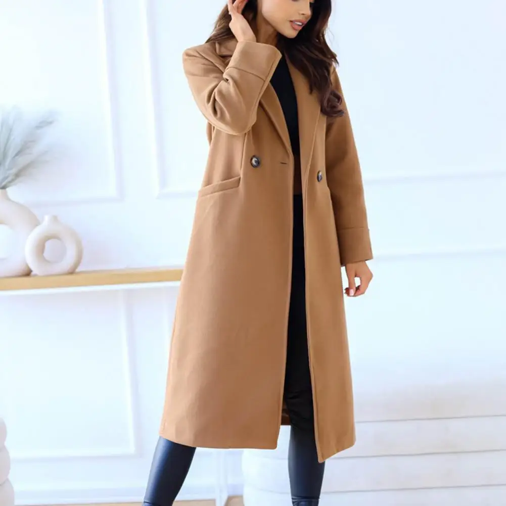 

Women Wool Blends Jackets Elegant Double-breasted Solid Color Loose Warm Mid-calf Length Turn-down Collar Lady Winter Overcoat