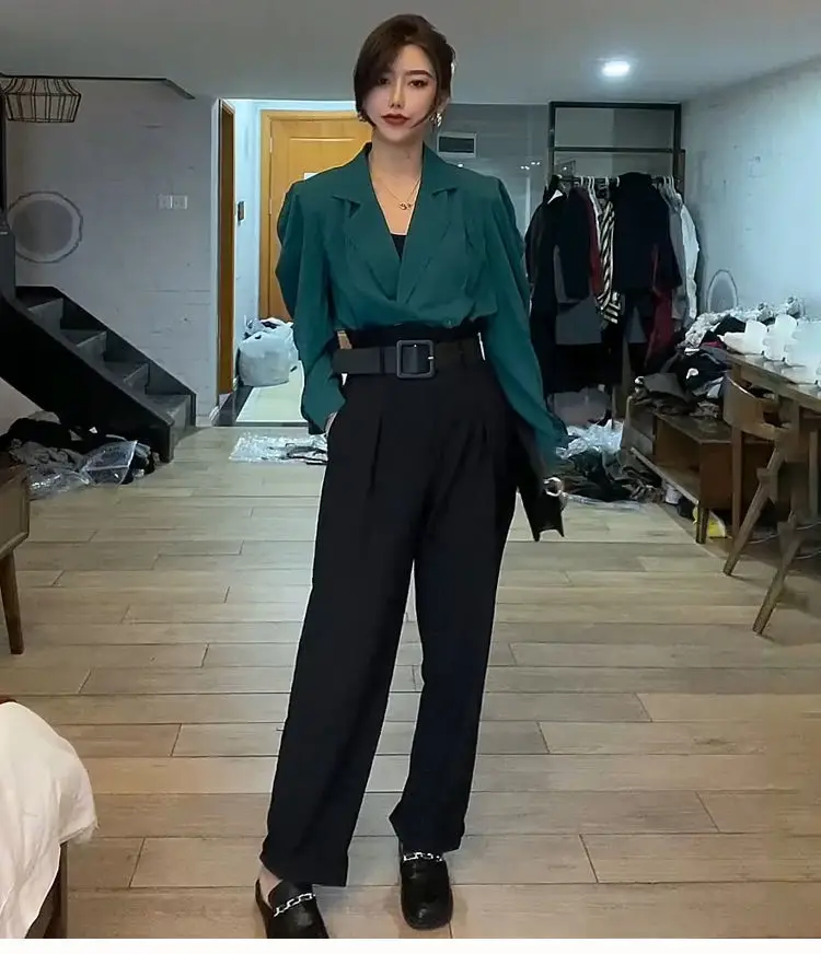 

Women 2022 Summer 2 Piece Set Female Puff Sleeve Blouse Trousers Suit Female Harem Pants Outfit Office Lady Clothes Suit O53