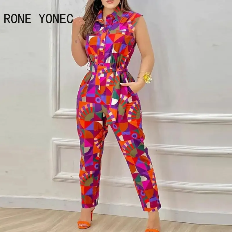 

2023 Women Allover Print Elegant Turn Down Neck Sleeveless with Belts Straight Leg Working Jumpsuit