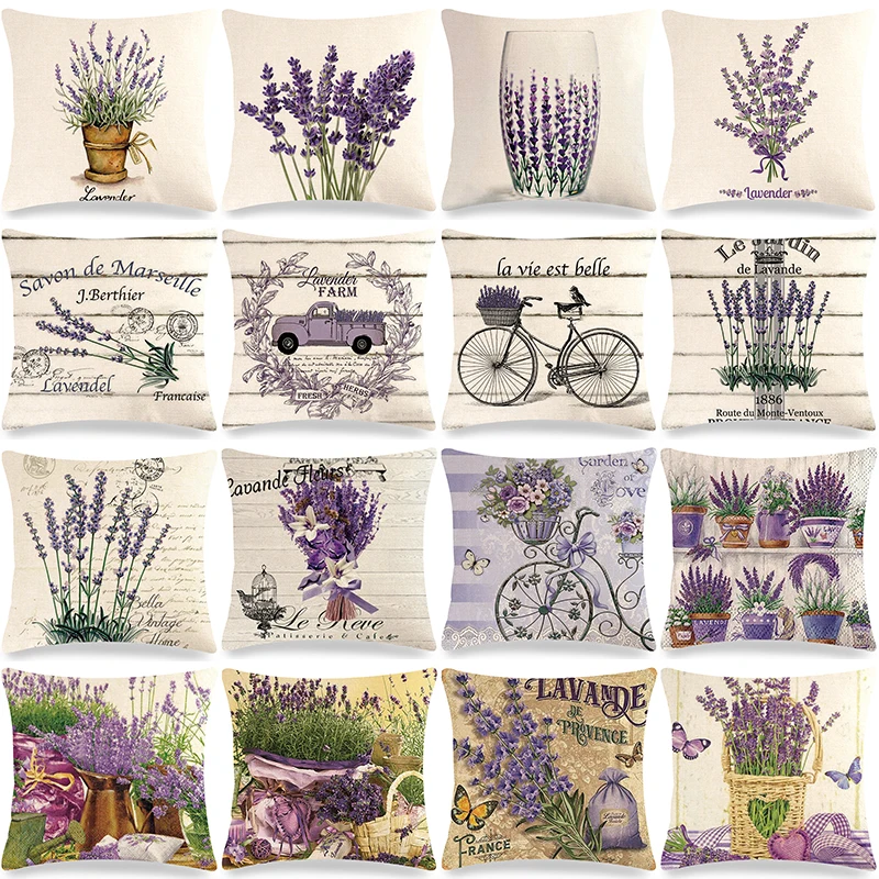 

Retro Poster Lavender Cushion Cover 45x45 Purple Flowers Letter Pillowcase Farmhouse Home Sofa Car Decorative Throw Pillow Cover