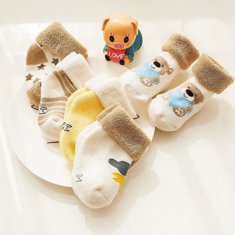 

5Pairs/Set Winter Warm Strip Baby Socks Cute Cartoon Dot Thick Boys Girls Floor Sock Star Soft Newborn Toddler Kids Terry Socks