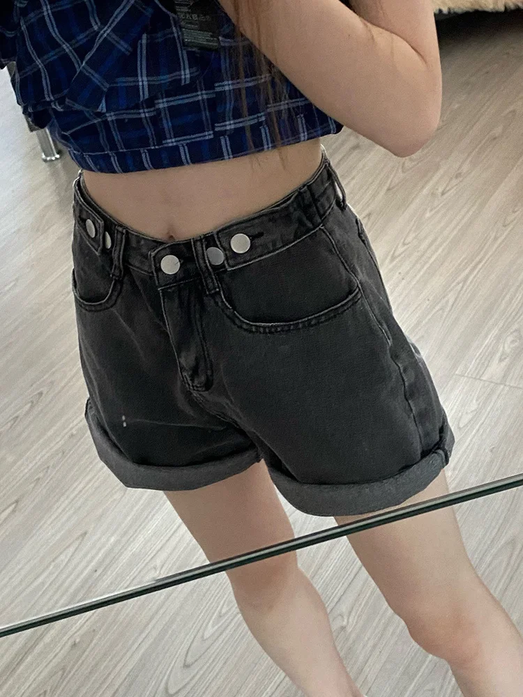 

Новые летние женские джинсовые шорты с высокой талией и пуговицами, повседневные женские свободные синие джинсовые шорты