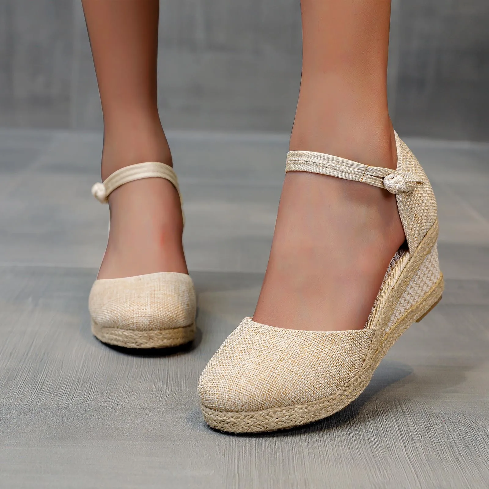 

Sandals Ladies Straw Hemp Rope Sandals Retro Linen Canvas Wedge Round Toe Casual Singles Shoe Elegant Closed Toe Sandal