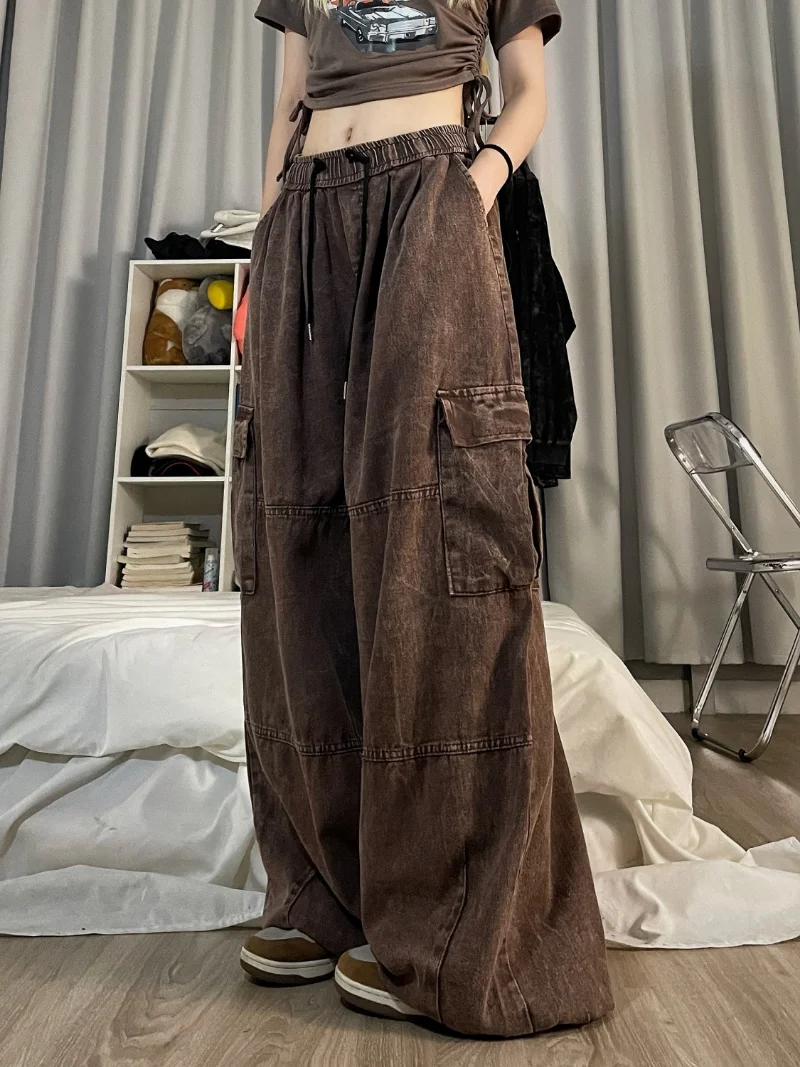 Cargo Pants Women Clothing High Street Waistband Vintage Washed High Waisted Jeans Woman Casual Wide Leg Baggy Jeans Women