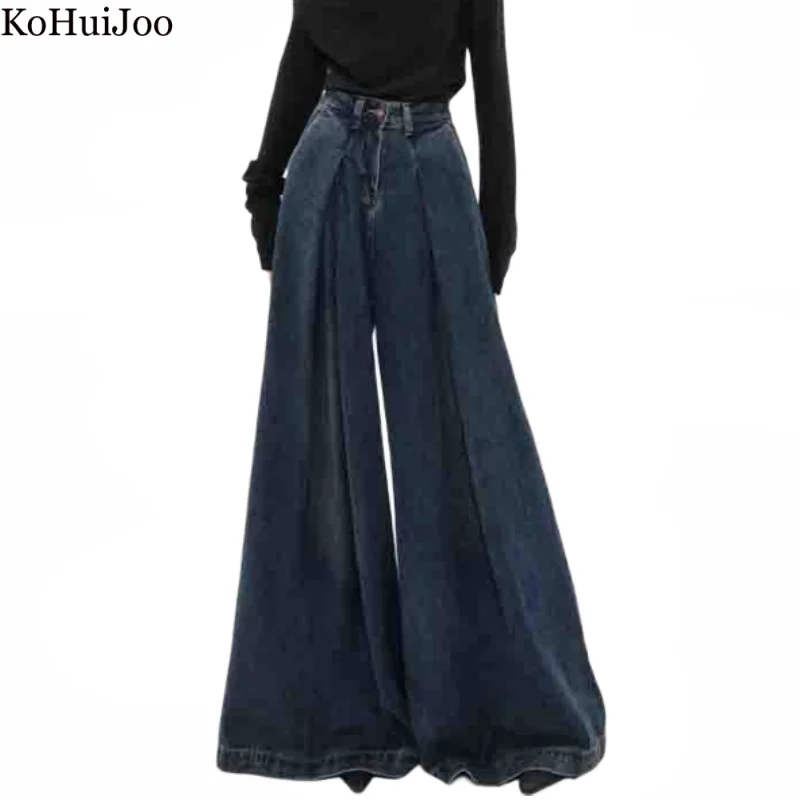 Kohuijoo Vintage Washed Wide Leg Jeans for Women 2023 Autumn Design High Waist Loose Pants Denim Mopping Trousers Streetwear
