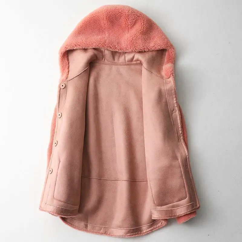 Winter New Pink Real Fur Coat Women Solid Hooded Casual Wool Outwear Female Clothing Thick Warm Sheep Shearing Jacket Parkas Top