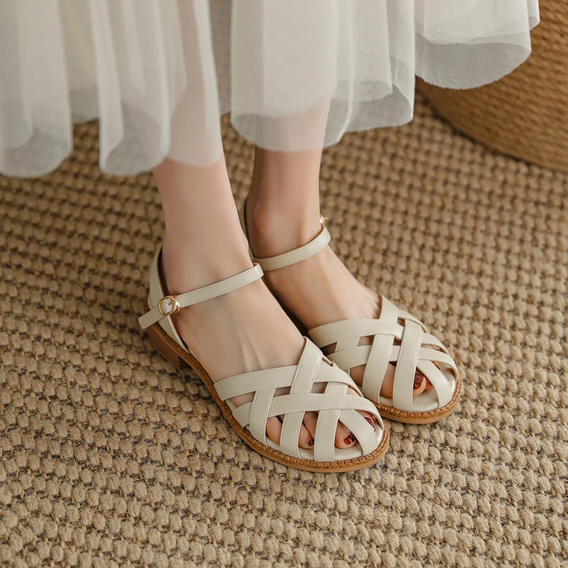

Real Leather Weave Gladiator Women Sandals Square Heels Buckle Strap Sandals for Women 2022 Hollow Out Summer Ladies Footwear