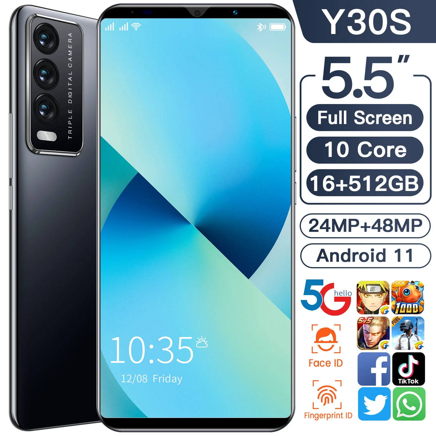 

Y30S 5.5 inch SmartPhone Android11 Big Screen 16G+512G 5G Dual SIM Featured Mobile Smart Phone