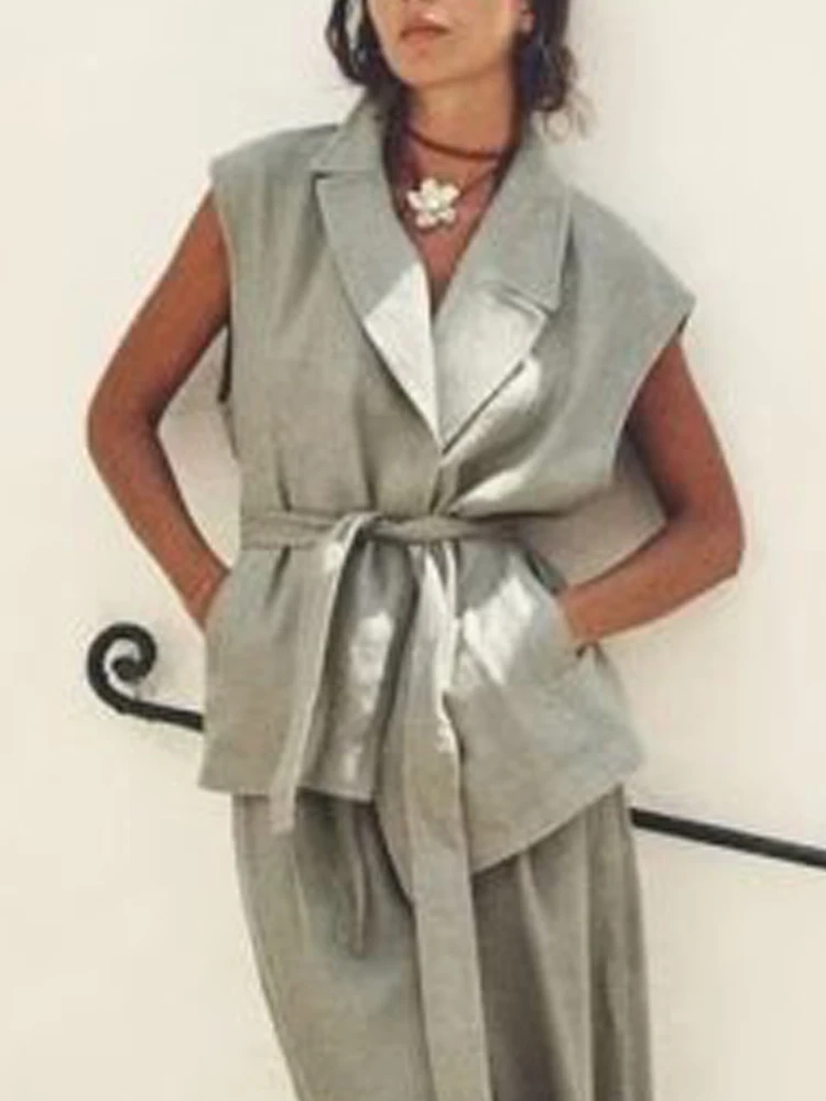 

Kumsvag 2023 Women Summer Vests Coats Fashion Loose Sashes Bow Solid Linen Female Elegant Street Waistcoat Vest Clothes