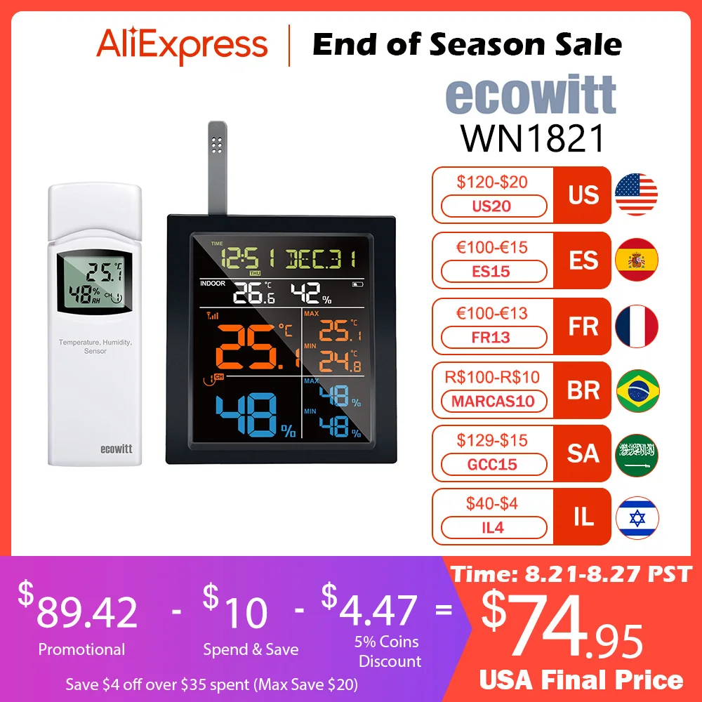 Ecowitt WN1821 WiFi Weather Station, inclu 4.9 inch LCD Display w/Built-in CO2 Detector, Thermo-hygrometer, Barometer and WN31