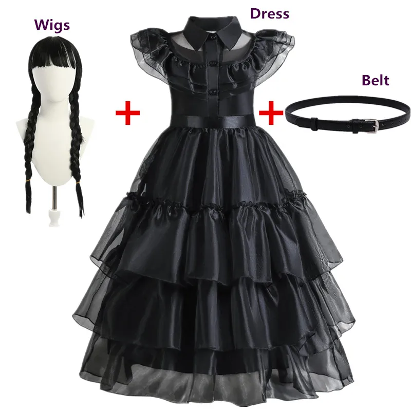 Movie Wednesday Costume for Girls 4-10 Years Gothic Winds Wednesday Cosplay Costume for Kids Halloween Carnival Party Dress