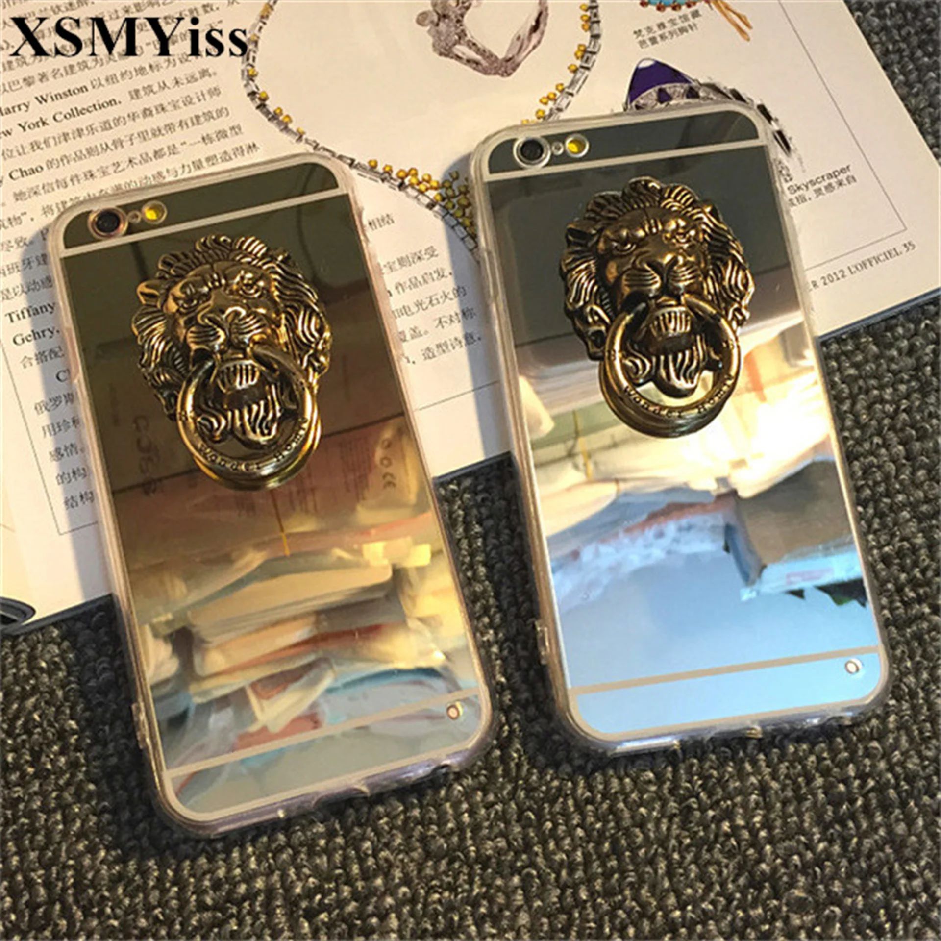 

For Iphone14 13 12 11 14 Pro MAX XS XR PLUS Fashion Soft Mirror Back Cover Retro Lion Head Hoop Finger Ring Phone Case