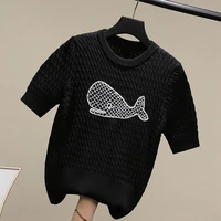 2022 spring and summer tb knitted short sleeved whale embroidery slim short sleeved t shirt womens ice silk bottoming shirt top